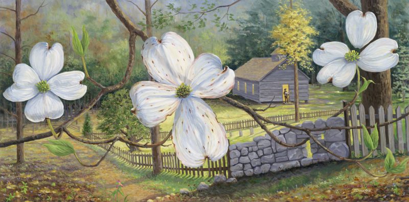 Beyond the Legend by Jack E. Dawson: large white dogwood blossoms above a country church and stone wall.