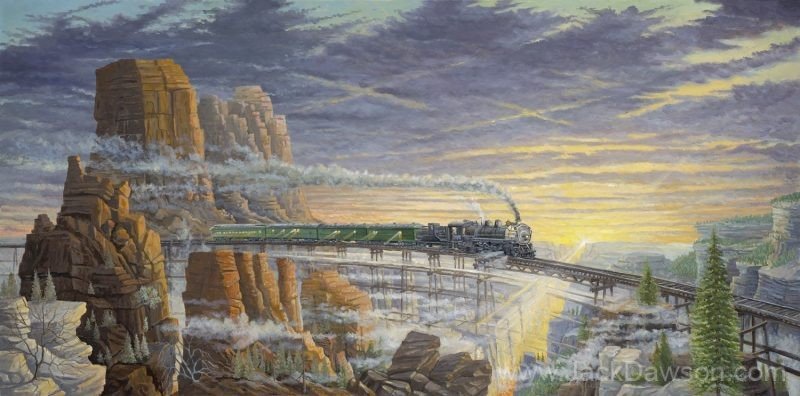 Crossing the Great Divide by Jack E. Dawson: a steam train crossing a high trestle between rocky cliffs.