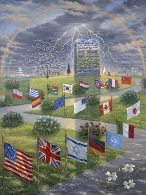 Freedom Walk by Jack E. Dawson: flags lining a winding path toward stone tablets beneath lightning and a rainbow.