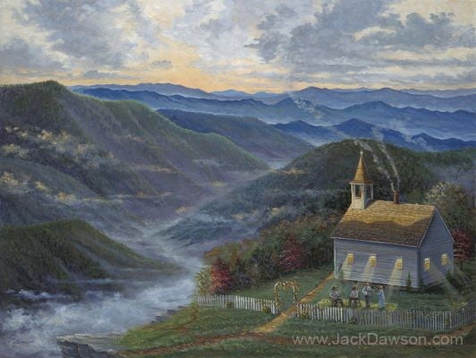 Heart of Worship by Jack E. Dawson: people gathering at a small mountain church overlooking forested valleys.