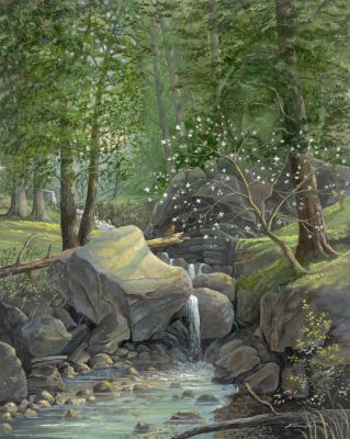 His Eye is on the Sparrow by Jack E. Dawson: a sparrow beside a small waterfall in a shaded woodland.
