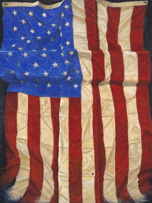 Impressions of Old Glory by Jack E. Dawson: an American flag hanging against a dark background with a cross visible through its folds.