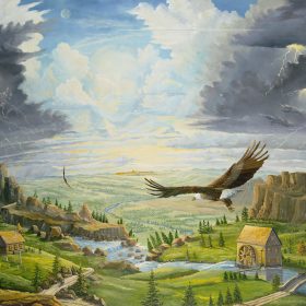In the Twinkling of an Eye by Jack E. Dawson: eagles above a valley of streams and buildings beneath lightning and bright clouds.