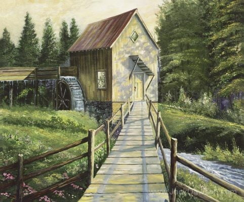 Invitation by Jack E. Dawson: a wooden walkway leading to a mill beside a waterwheel and stream.