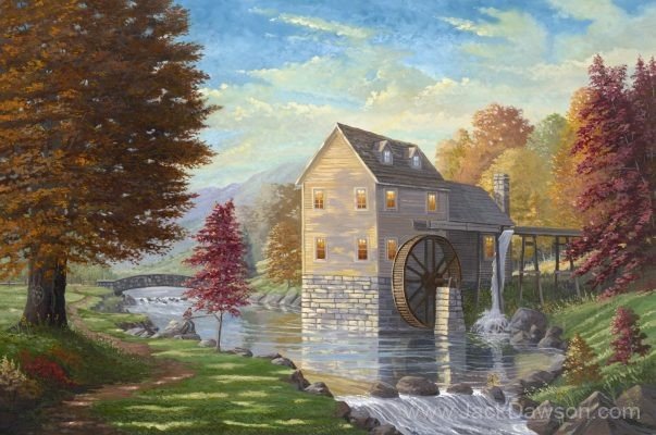 Jordan Creek Mill by Jack E. Dawson: a watermill beside a river, bridge, and autumn trees.