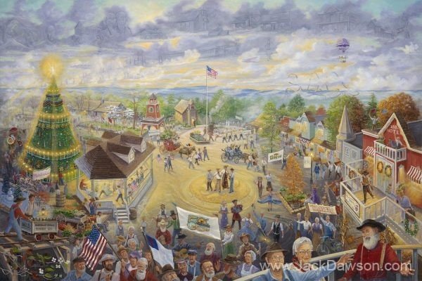 Memories Worth Repeating SDC 50th by Jack E. Dawson: a busy town square filled with people, buildings, flags, and a decorated Christmas tree.