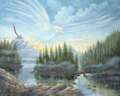 On Eagle's Wings by Jack E. Dawson: an eagle over a mountain lake, evergreen forest, and waterfall.
