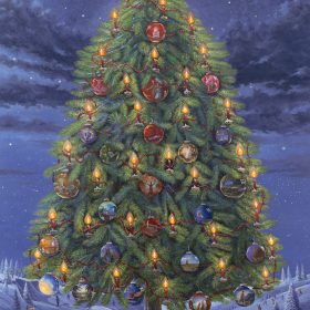 Passion Tree by Jack E. Dawson: a tall Christmas tree covered with ornaments beneath a bright light.