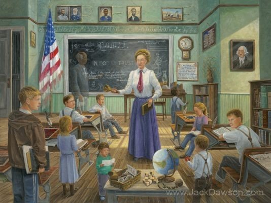 School Daze by Jack E. Dawson: a teacher and children inside a country schoolroom.
