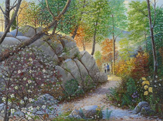 Seasons by Jack E. Dawson: two people on a wooded path among rocks, flowers, and autumn foliage.