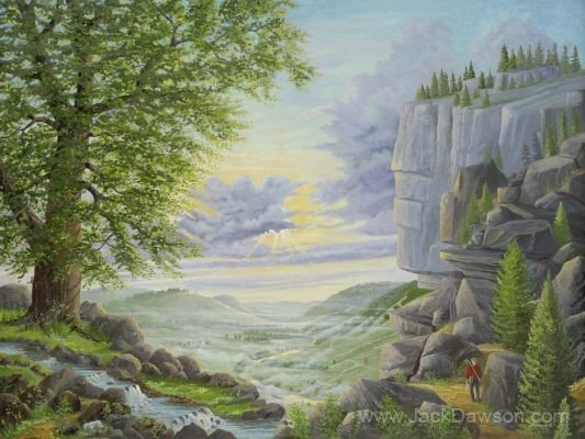 Shepherd's Heart by Jack E. Dawson: a figure and sheep near a rocky cliff overlooking a valley.