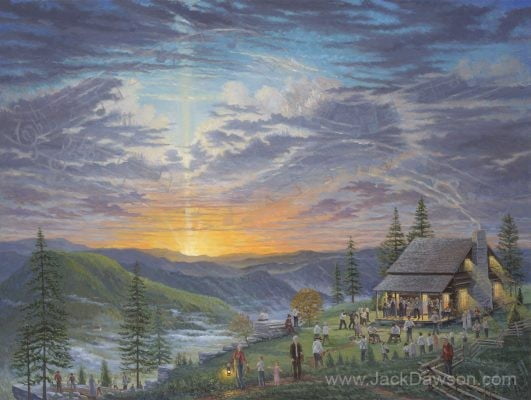 Singin' on the Mountain by Jack E. Dawson: a gathering outside a mountain church at sunset.