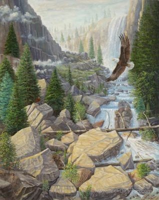 Stepping in the Light by Jack E. Dawson: an eagle above a rocky mountain stream and forested cliffs.