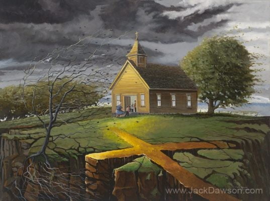 Storm Warning by Jack E. Dawson: a small church under storm clouds, approached by a cross-shaped path over a ravine.