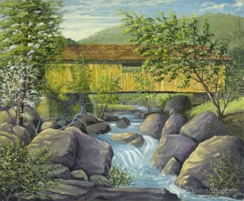 The Bridge by Jack E. Dawson: a covered wooden bridge over a rocky stream.