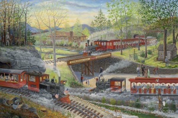 Frisco Silver Dollar Line by Jack E. Dawson: steam trains winding through wooded hills and station buildings.