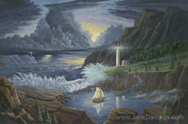 Haven of Rest by Jack E. Dawson: a sailboat approaching a sheltered harbor beneath cliffs and storm clouds.