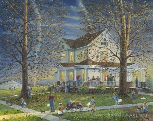 Lights of Home by Jack E. Dawson: a brightly lit Victorian house with adults and children gathered in the yard.